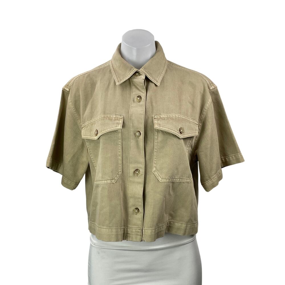 NEW Madewell Air Denim Tan Khaki Short Sleeve Button Down Crop Shirt Top Size S